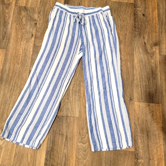 Blue/white striped linen casual trousers - Picture 1 of 8